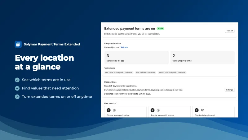 Every location at a glance. See which terms are in use; find values that need attention; turn extended terms on or off anytime. Shown beside the app's Home page, with extended payment terms on, location counts, and the terms in use.