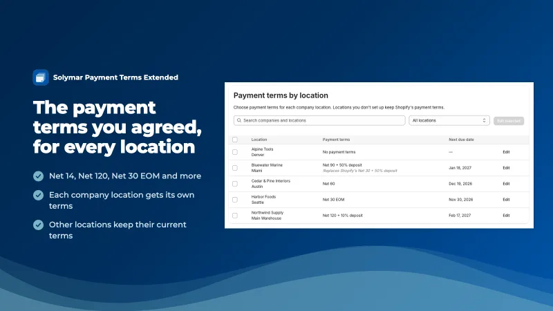 The payment terms you agreed, for every location. Net 14, Net 120, Net 30 EOM and more; each company location gets its own terms; other locations keep their current terms. Shown beside the app's Locations page, listing five company locations with their payment terms and next due dates.