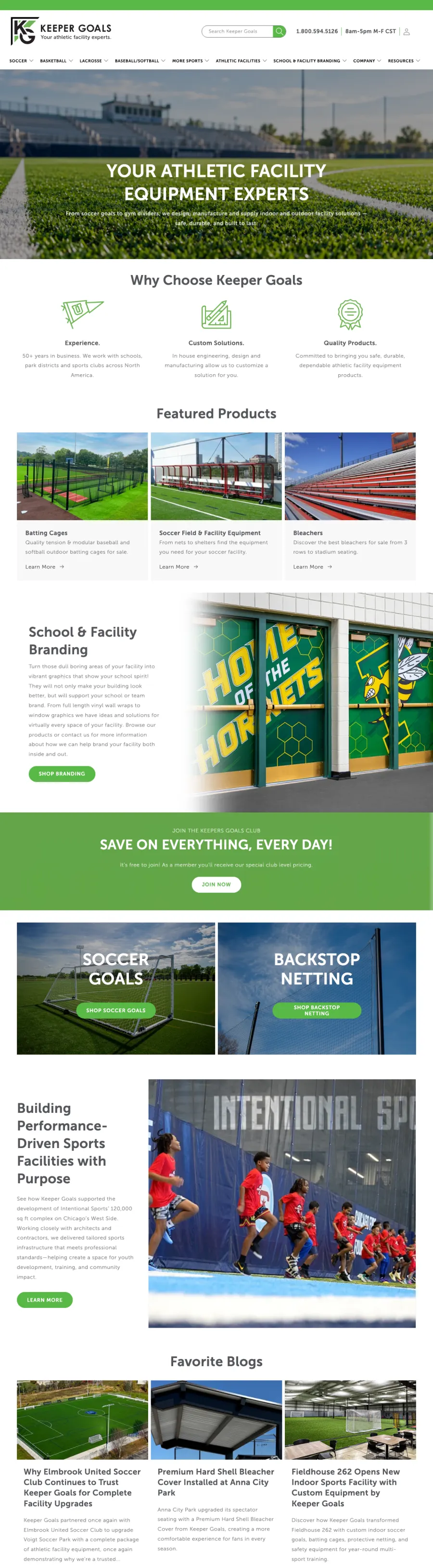 The Keeper Goals store homepage, from the hero down to the latest blog posts