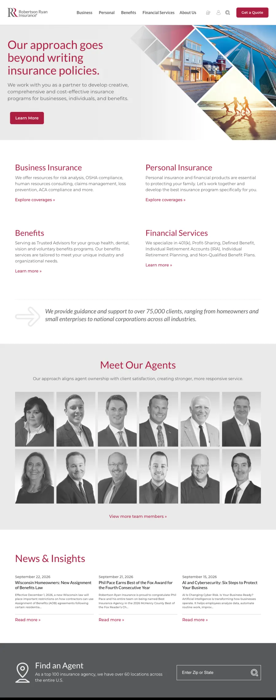 The Robertson Ryan Insurance homepage, from the hero down to Find an Agent
