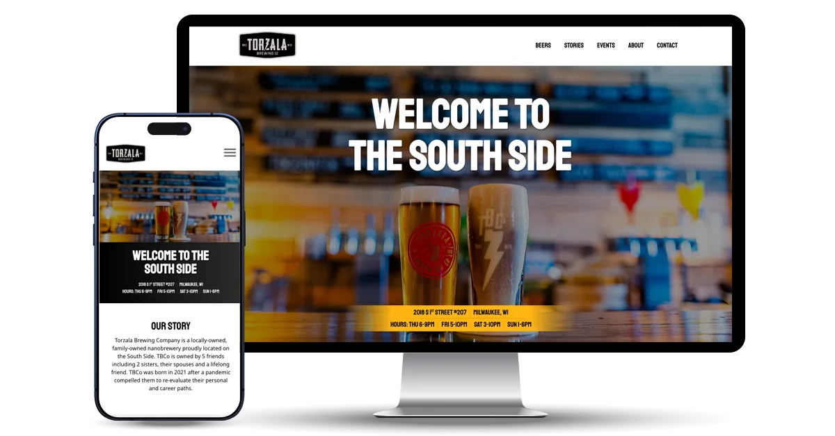 The Torzala Brewing Co. website on a phone and a desktop monitor